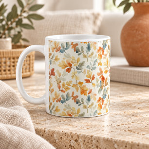Caneca De Café Folhas de Outono em Aquarela Suave