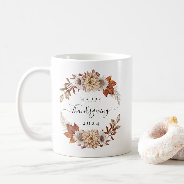 Caneca De Café Folhas de Outono Rústicas Feliz Dia de Ação de Gra (Com Donut)