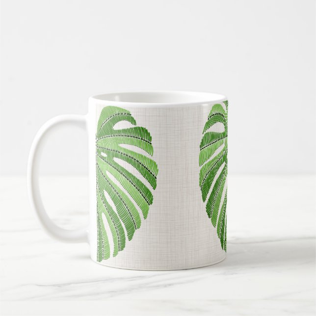 Caneca De Café Folhas de palma bordadas. Monstera Tropical Verde (Esquerda)