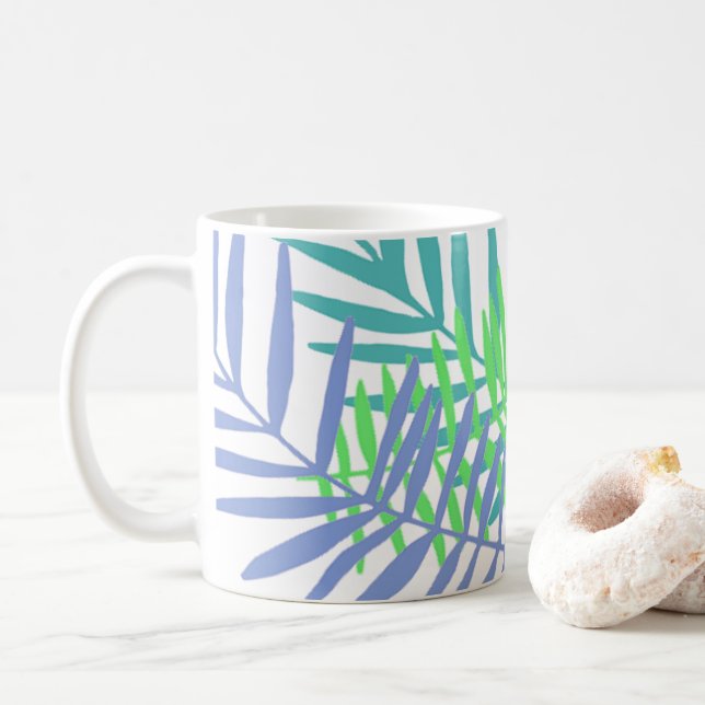 Caneca De Café Folhas de palma em tons azuis e verdes (Com Donut)