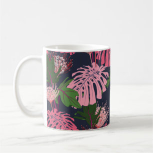 Caneca De Café Folhas de palma tropicais, verdes e cor-de-rosa, e