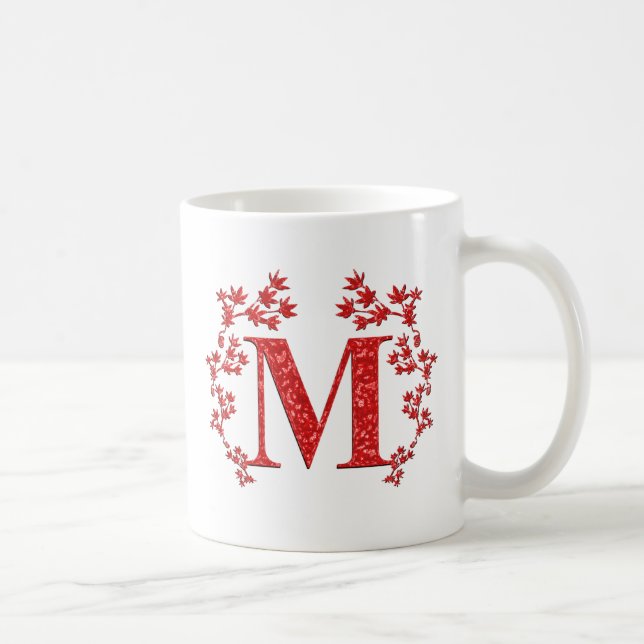Caneca De Café Folhas do vermelho da letra M do monograma (Direita)