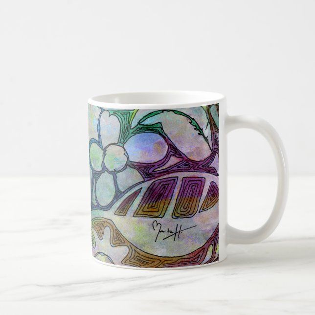 Caneca De Café Folhas e flores cinzeladas mão - no azul verde (Direita)