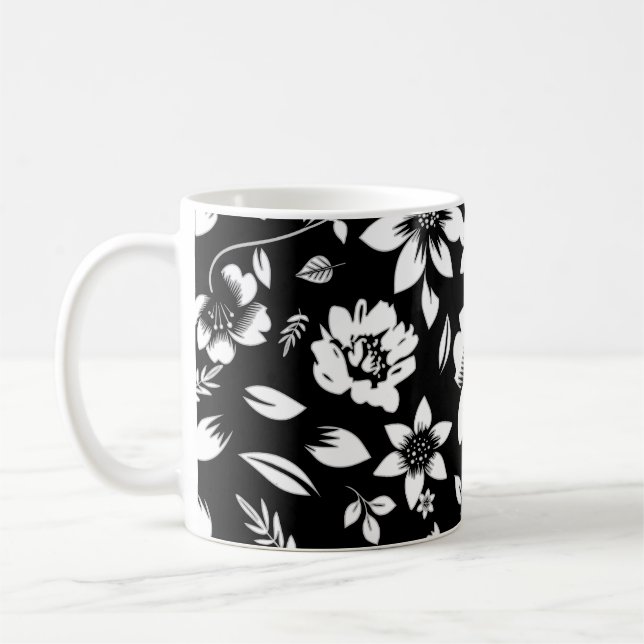 Caneca De Café Folhas Florais Modernas Preto e Branco Soproando (Esquerda)