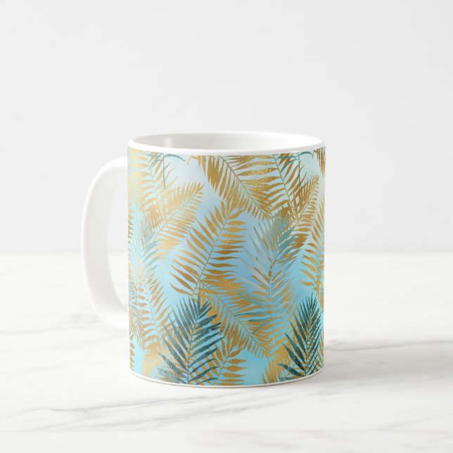 Caneca De Café Folhas Tropicais Aqua Sky Verde Dourado     (Frente Esquerda)