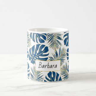 Caneca De Café Folhas tropicais azuis e douradas clássicas e nome