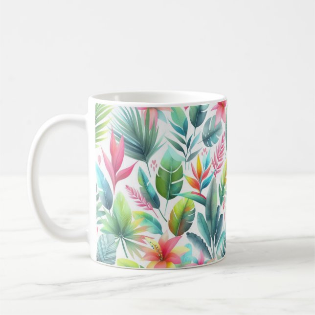 Caneca De Café Folhas Tropicais Coloridas Brilhantes Com Rosa (Esquerda)