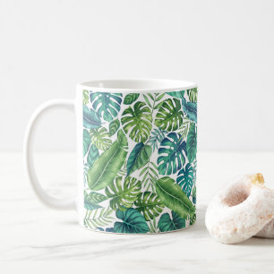 Caneca De Café Folhas Tropicais de Palma Verde e Teal Banana Mons