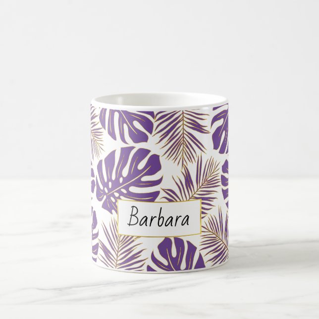 Caneca De Café Folhas tropicais de púrpura e ouro e nome (Centro)