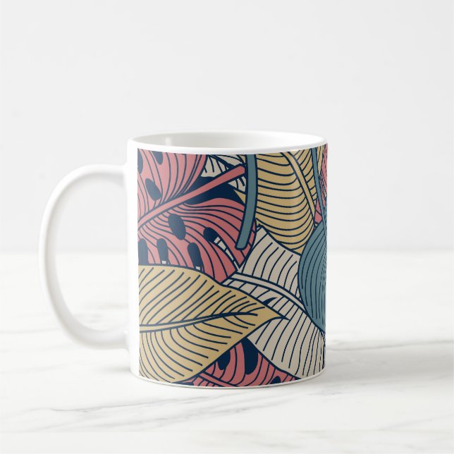 Caneca De Café Folhas Tropicais, Fundo Sem Olhos Florais. (Esquerda)