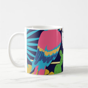 Caneca De Café Folhas tropicais, papagaios: fundo de verão.