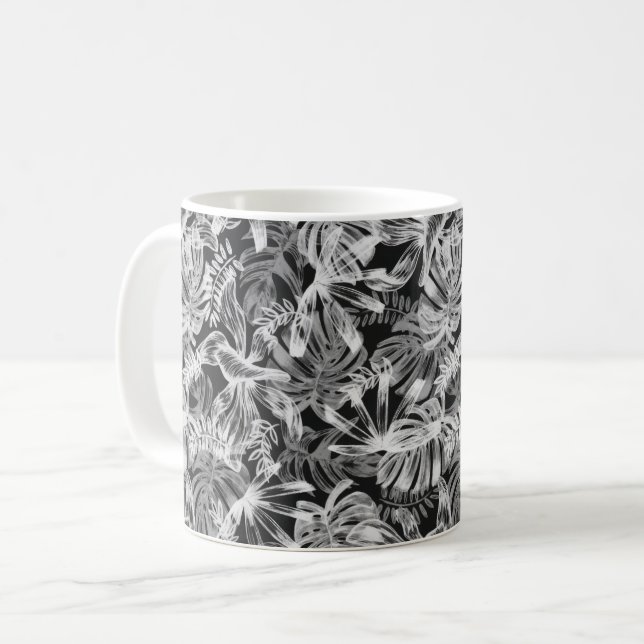 Caneca De Café Folhas Tropicais Pretas e Brancas (Frente Esquerda)