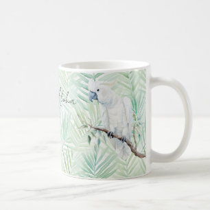 Caneca De Café Folhas Tropicais Verdes Pássaro Branco Aloha