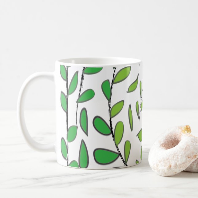 Caneca De Café Folhas Verde de Aquarela (Com Donut)