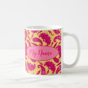 Caneca De Café Folheto Amarelo Rosa Fuchsia Nome Personalizado
