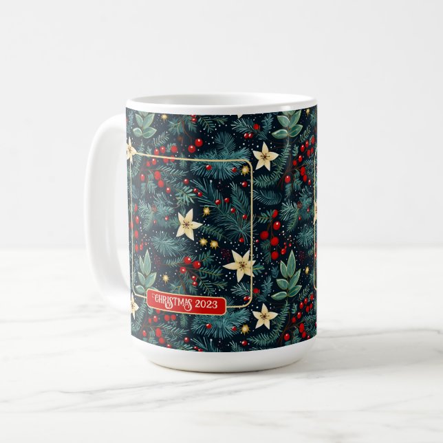 Caneca De Café Folk Art Mistletoe Holly Berries Foto de Natal (Frente Esquerda)