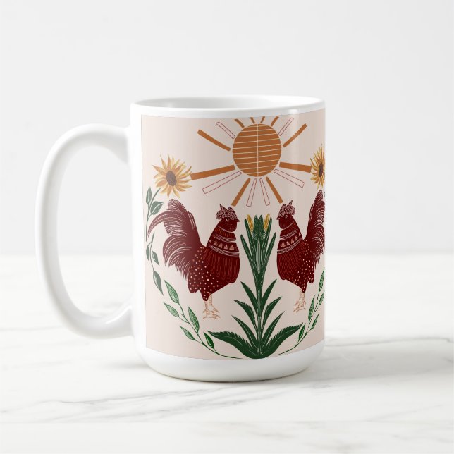 Caneca De Café Folk Art Rooster Sunshine Design Simétrico (Esquerda)