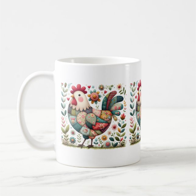 Caneca De Café Folk Patchwork Rooster com Acentos Florais (Esquerda)