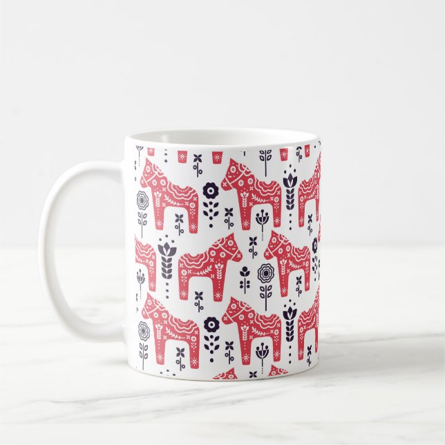 Caneca De Café Folk swedish horse floral seamless pattern.  (Esquerda)