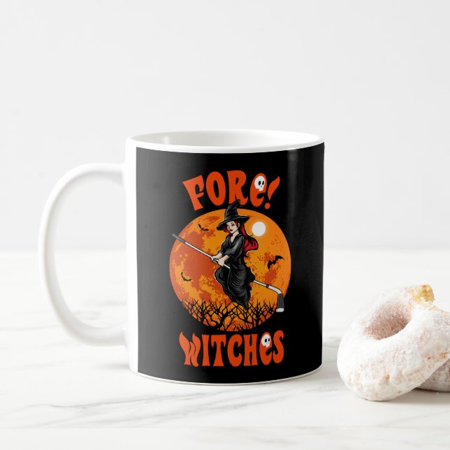 Caneca De Café Fore! Bruxas de Golfe Feitiço Bruxa Andando Hallow (Com Donut)