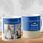 Caneca De Café Formando 2 da Formatação de Fotos Rustic Dourada B<br><div class="desc">Elegante Rustic Dourado Blue 2023 Parabéns Formando 2 Foto Graduação Café Mug. Ornamento de ouro elegante e fundo bege rústico. Personalize com o nome do formando, o ano da aula, o nome da escola e adicione 2 fotos de formando - você pode usar antes e depois das fotos. Faça uma...</div>