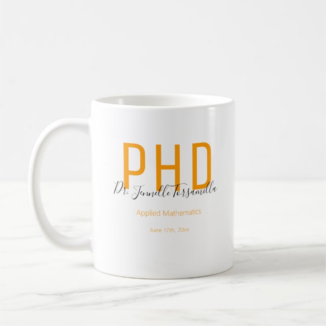 Caneca De Café Formando Laranja Negra Nome da Data Grau PhD (Esquerda)