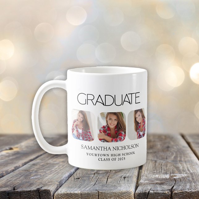 Caneca De Café Formatura Moderna e Elegante com 3 Fotos (Graduation 3-photo mug)