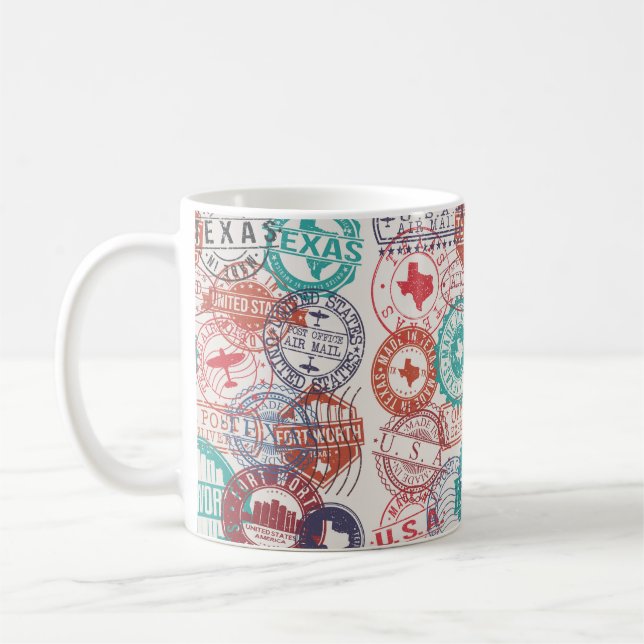 Caneca De Café Fort Worth Texas Set of Stamps. Carimbo de viagem. (Esquerda)
