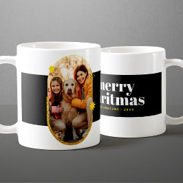 Caneca De Café Foto da família de Natal Dourada e minimalista