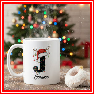 Caneca De Café Foto da Família Monograma de Natal com Chifre e Ch
