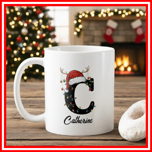 Caneca De Café Foto da Família Monograma de Natal com Chifre e Ch