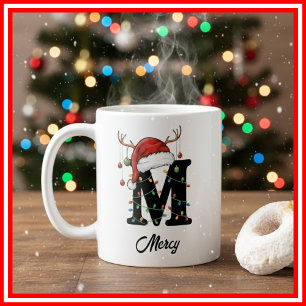 Caneca De Café Foto da Família Monograma de Natal com Chifre e Ch