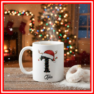 Caneca De Café Foto da Família Monograma de Natal com Chifre e Ch