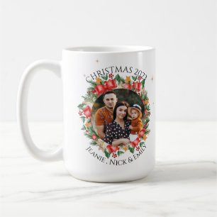 Caneca De Café Foto da família Red Florals Feliz Natal