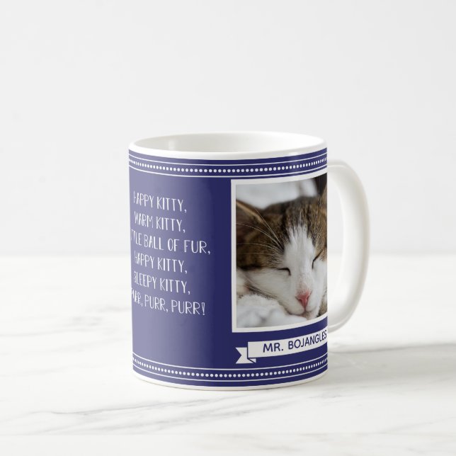 Caneca De Café Foto da Kitty Feliz Nome Azul-Marinho (Frente Esquerda)