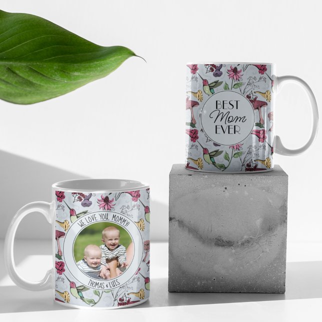 Caneca De Café Foto da Melhor Mãe Nunca Hummingbird E Flores Exót (Chic Blue Mug with Hand-Drawn Hummingbird, Flowers & Mushrooms. Custom Photo & 2 Personalized Texts.)