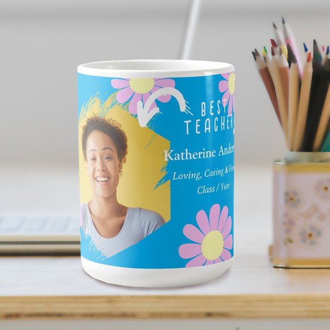 Caneca De Café Foto da Melhor Professora Daisy Azul (Daisy Best Teacher Blue Coffee Mug.)