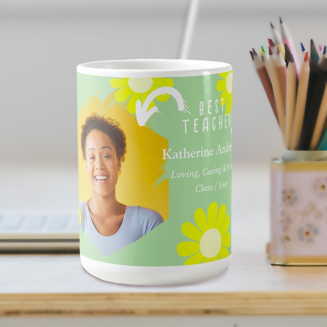 Caneca De Café Foto da Melhor Professora Daisy Azul Turquesa (Daisy Best Teacher Teal Coffee Mug.)