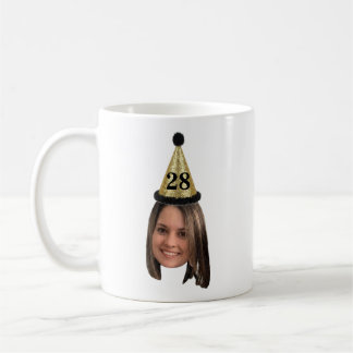 Caneca De Café Foto de aniversário com chapéu de festa e idade pe