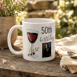 Caneca De Café Foto de Aniversário de 50 anos com Vinho Tinto e R