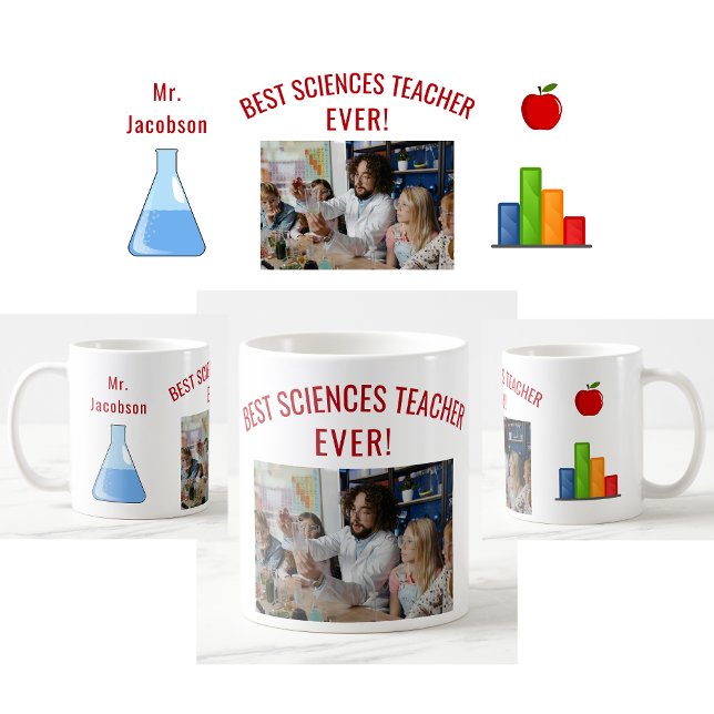 Caneca De Café Foto de Apreciação de Nomes de Professores de Melh (Best Sciences Teacher Ever photo mug. Name. Beaker. Bar Graph. Apple. Cute teacher appreciation mug)
