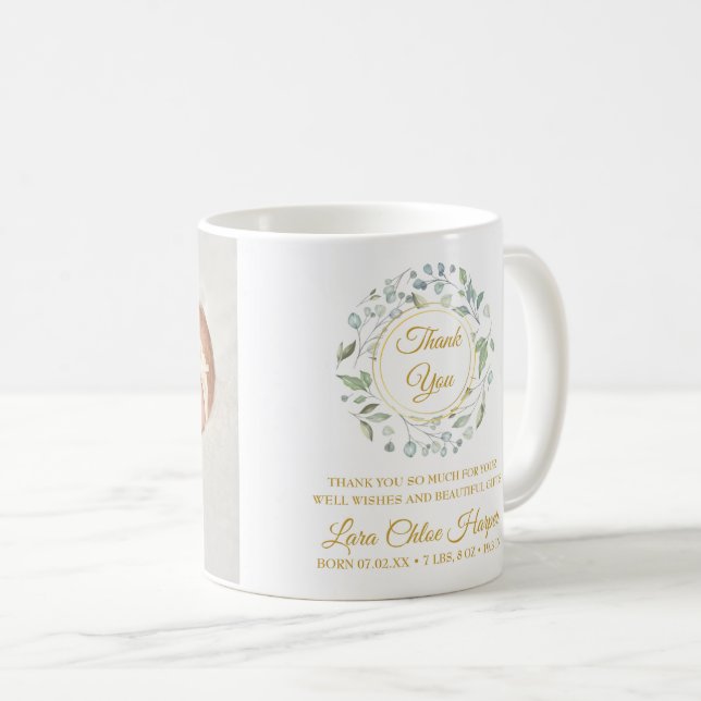 Caneca De Café Foto de Bebê Folhagem Dourado Obrigado (Frente Esquerda)