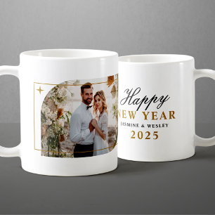 Caneca De Café Foto de casamento de Natal minimalista em ouro