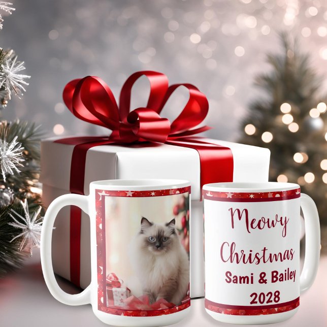 Caneca De Café Foto de Feriado das Estrelas Vermelhas Elegantes (Red & White Stars Christmas Photo Coffee Mug)