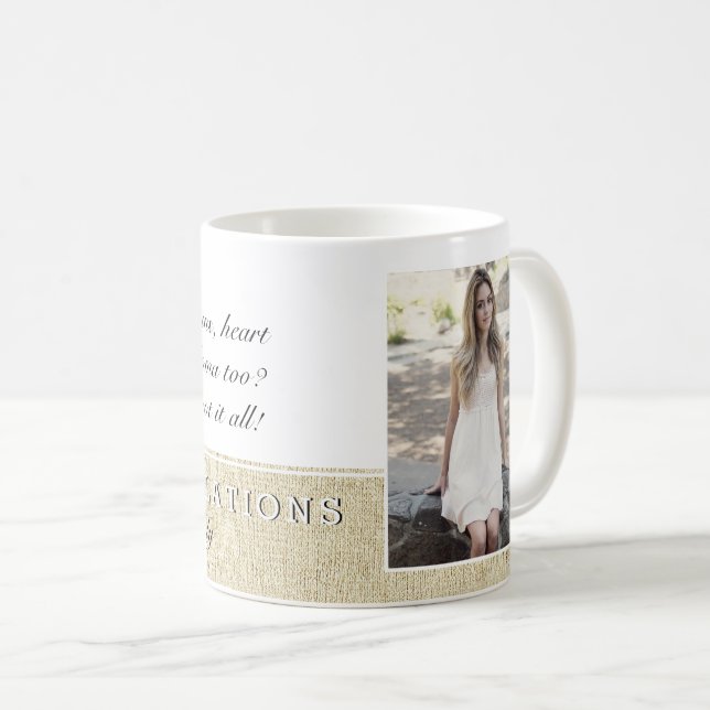 Caneca De Café Foto de Graduação Parabéns com Letra Rústica (Frente Esquerda)