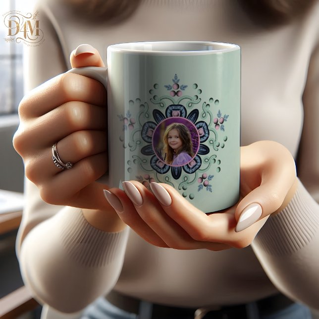 Caneca De Café Foto de Mandala Floral Turquesa Moderna com Rabisc (Criador carregado)