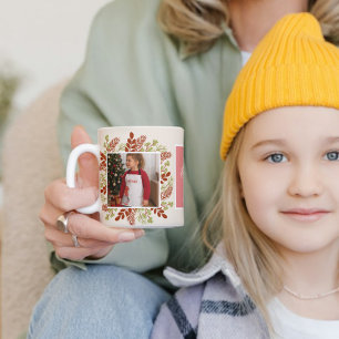 Caneca De Café Foto de Natal do Quadro Floral Clássico Vermelho e