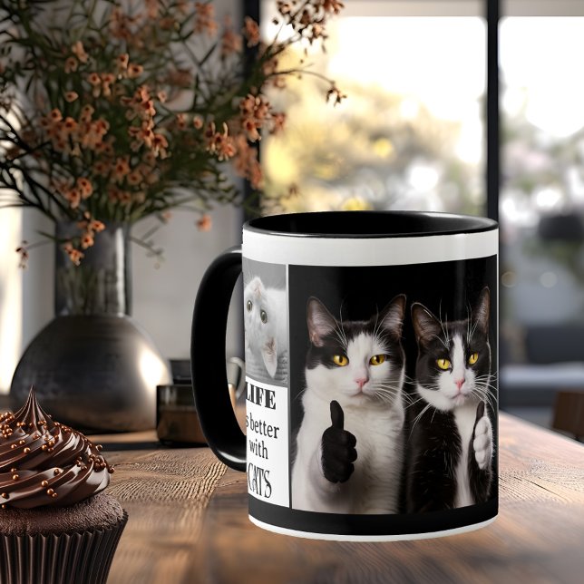 Caneca De Café Foto do Lover de Gato Preto e Branco (Template mug for 4 of your custom photos (or cat images) on a black and white design - cat lover)