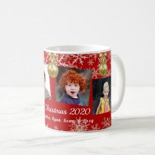 Caneca De Café Foto Dourada Vermelha Collage Snowflakes Natal