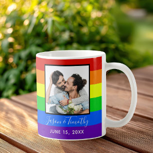 Caneca De Café Foto Listrada de Arco-íris Casamento LGBT Aniversá